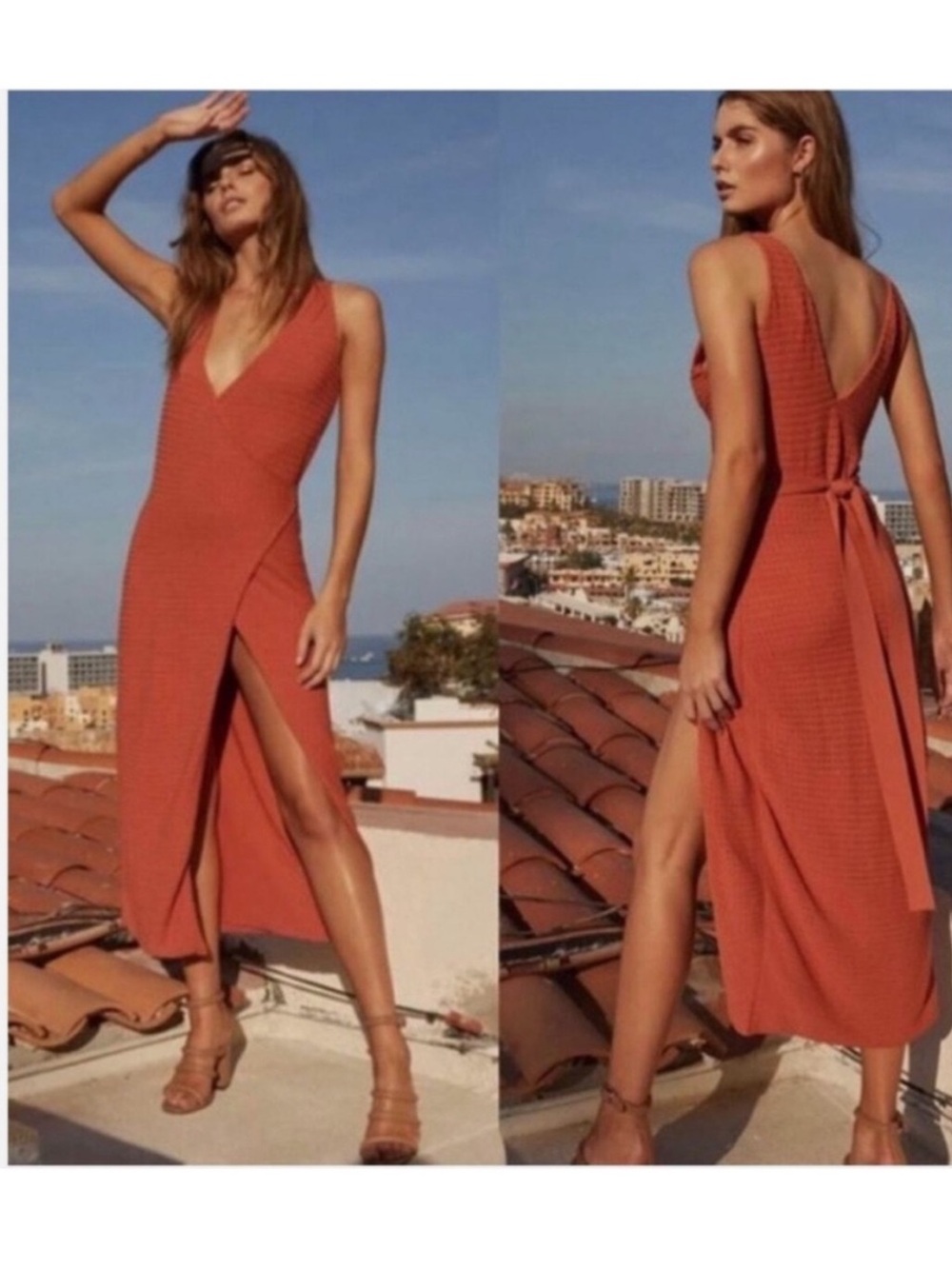 The Jetset Diaries Flowers on‎ the Wall Wrap Midi Dress Orange Sleeveless XS